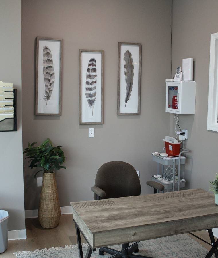 Consultation office with feather artwork